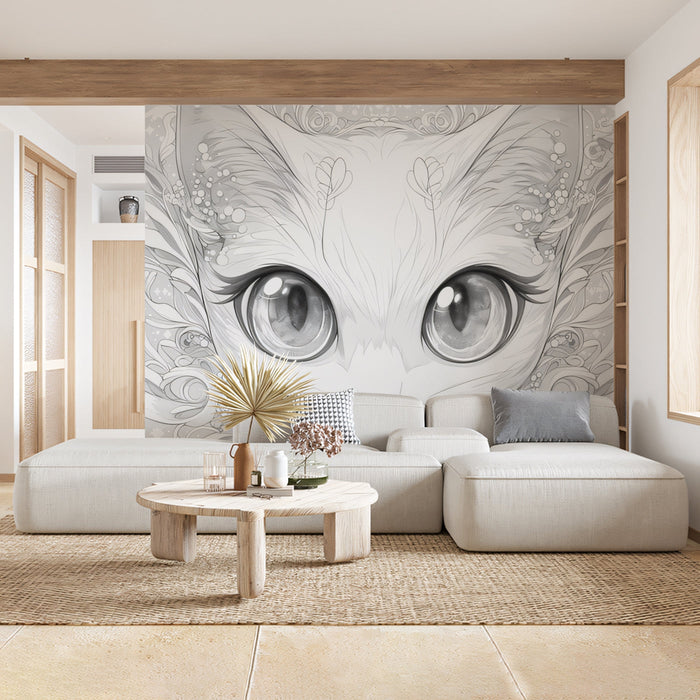 Cat Mural Wallpaper | Black - and - White with Ornamental Patterns