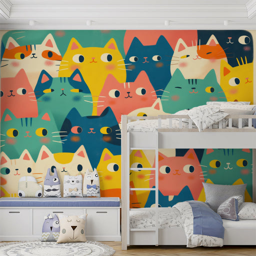Multicolored Cat Mural Wallpaper | Bright Colors with Multiple Cat Faces