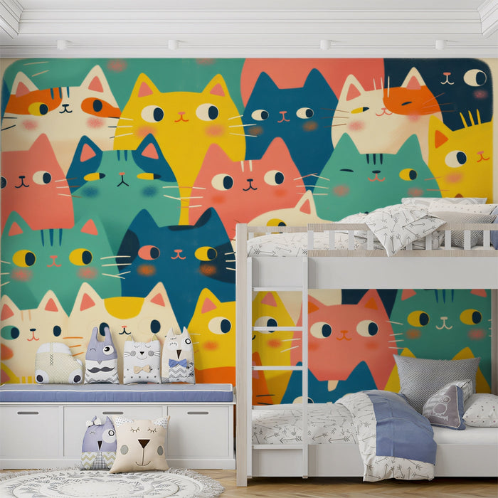 Multicolored Cat Mural Wallpaper | Bright Colors with Multiple Cat Faces