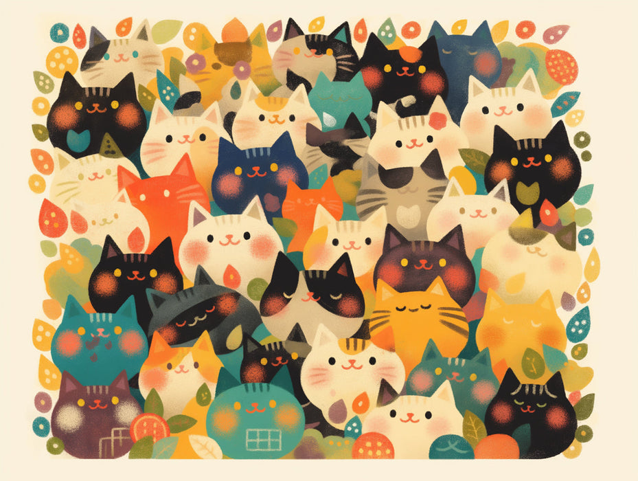 Multicolored Cat Mural Wallpaper | Bright Colors with Multiple Cat Faces