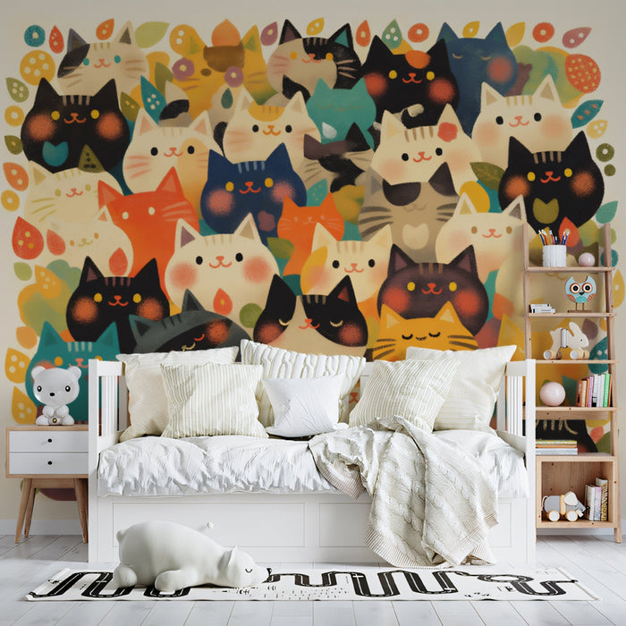 Multicolored Cat Mural Wallpaper | Bright Colors with Multiple Cat Faces