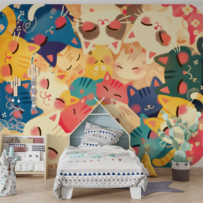 Multicolored Cat Mural Wallpaper | Bright Colors with Multiple Cat Faces