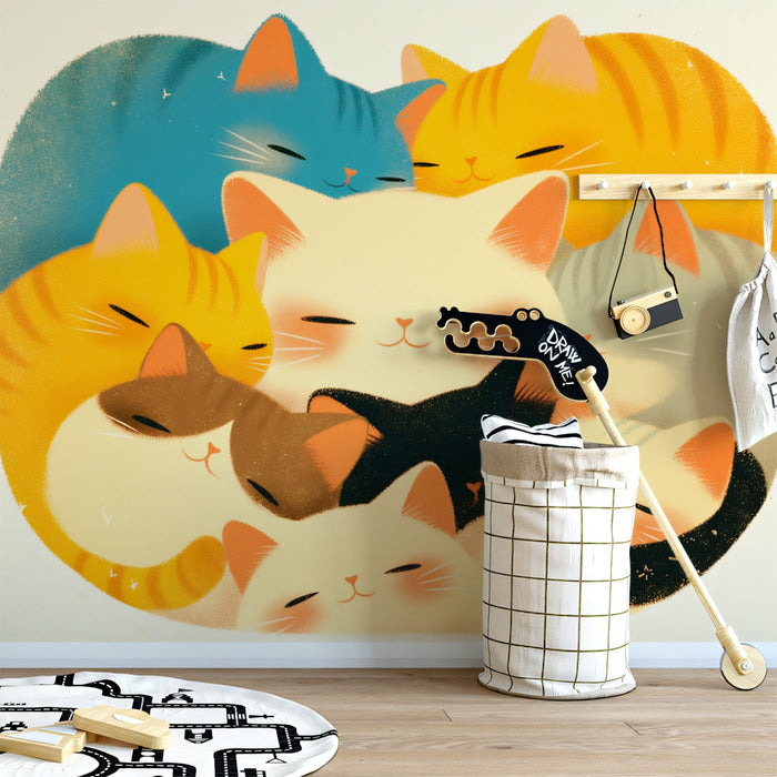 Multiple Cats Mural Wallpaper | Pastel Colors with Cuddling Cats