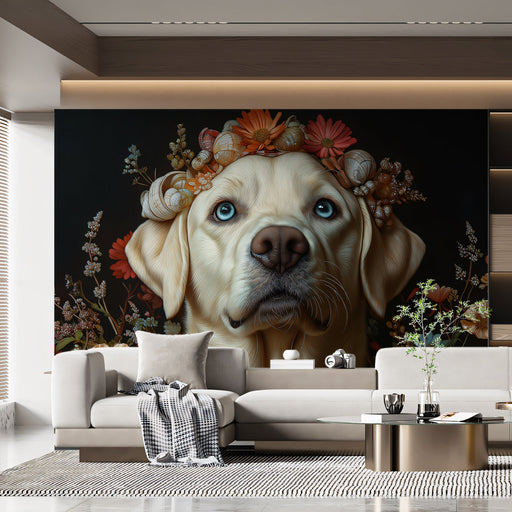 Labrador Retriever Mural Wallpaper | Dark Background with Floral and Shell Elements