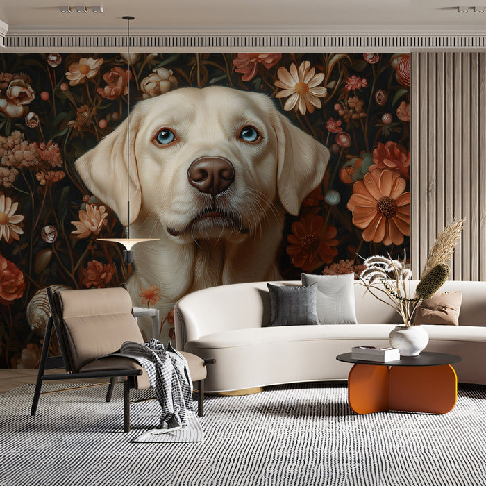 Labrador Retriever Mural Wallpaper | Dark Background with Floral and Shell Elements