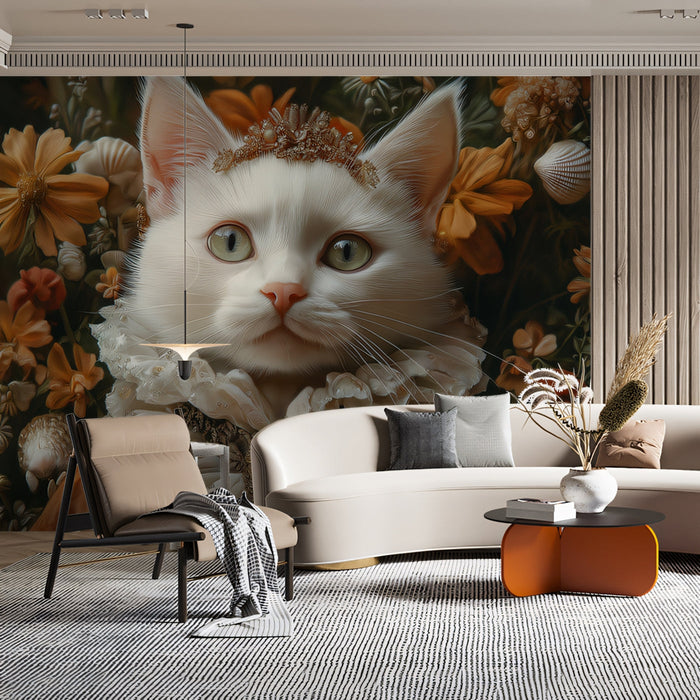 White Cat Mural Wallpaper | Ornate Floral and Shell Background with Crown
