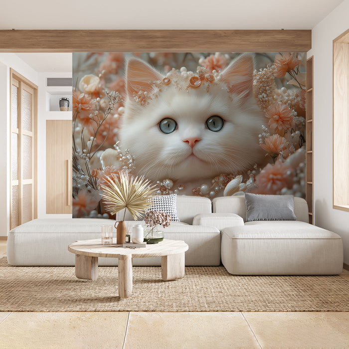 White Fluffy Cat Mural Wallpaper | Soft Pink Floral Background