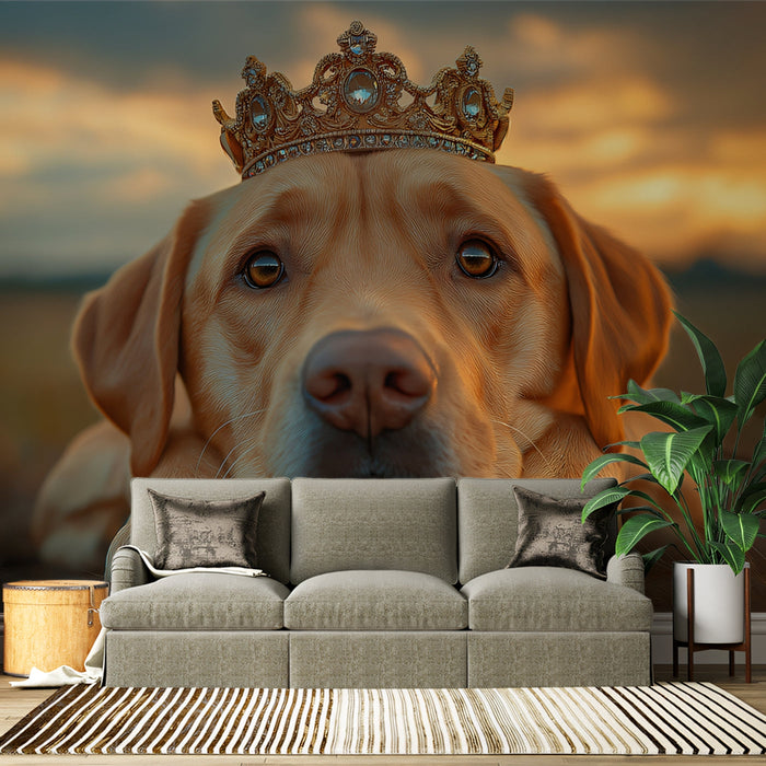 Labrador with Crown Mural Wallpaper | Sunset Background