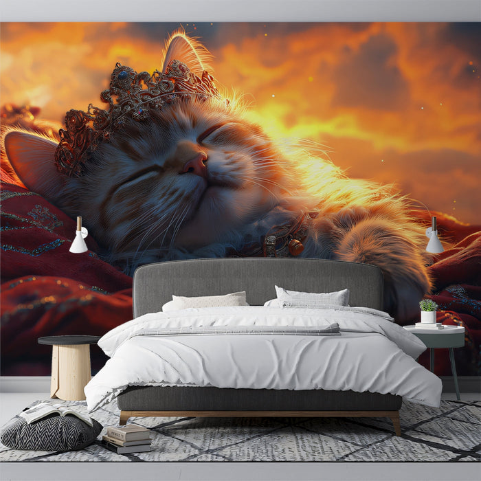 Sleeping Cat with Crown Mural Wallpaper | Sunset - Hued Background