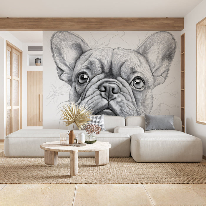 French Bulldog Mural Wallpaper | Black - and - White with Subtle Line Elements