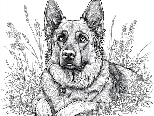 German Shepherd Mural Wallpaper | Black - and - White with Floral Background