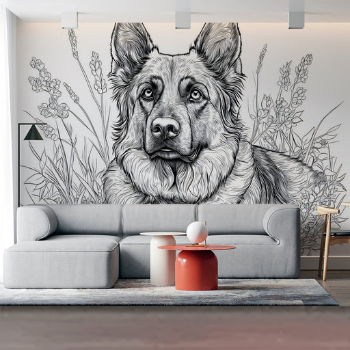 German Shepherd Mural Wallpaper | Black - and - White with Floral Background