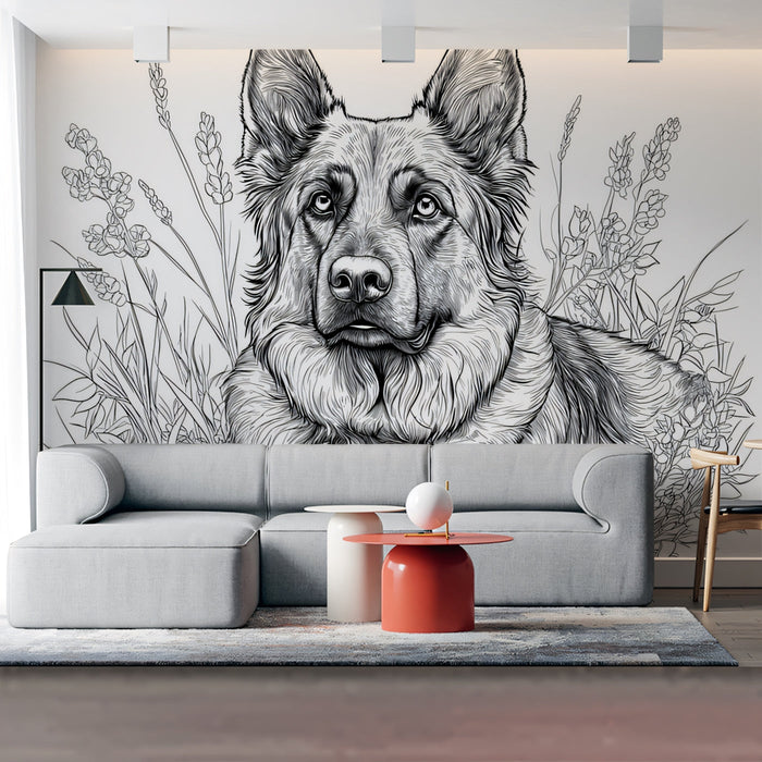 German Shepherd Mural Wallpaper | Black - and - White with Floral Background