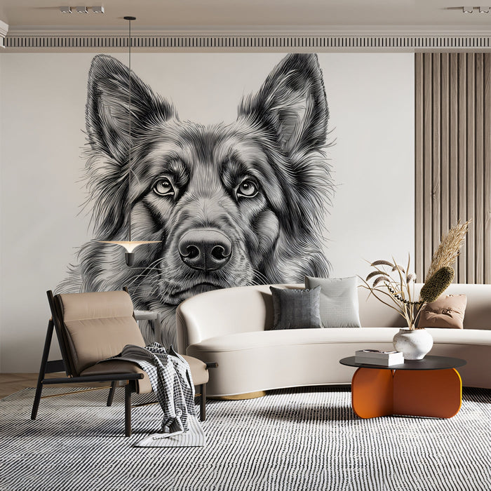 German Shepherd Mural Wallpaper | Black - and - White with Minimalist Background