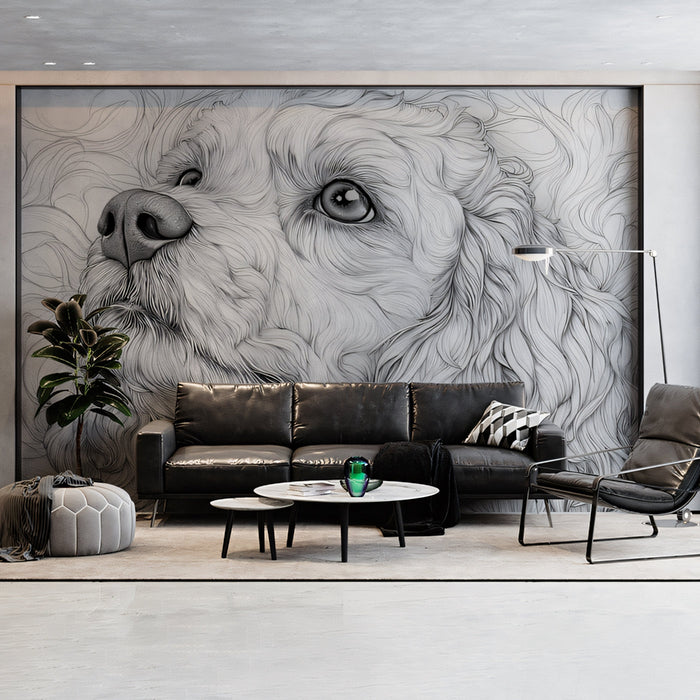 Long - Haired Dog Mural Wallpaper | Black - and - White with Textured Fur