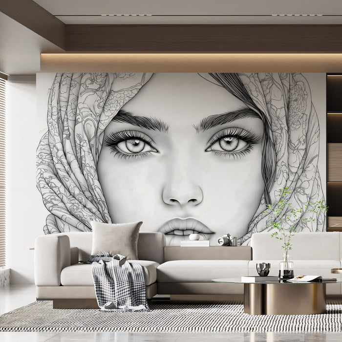 Woman with Hat Mural Wallpaper | Black - and - White with Floral Elements