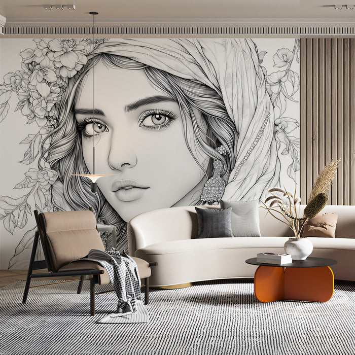 Woman with Hat Mural Wallpaper | Black - and - White with Floral Elements