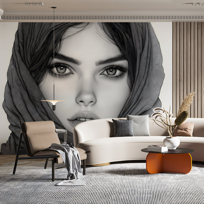 Woman with Veil Mural Wallpaper | Black - and - White with Dramatic Eyes