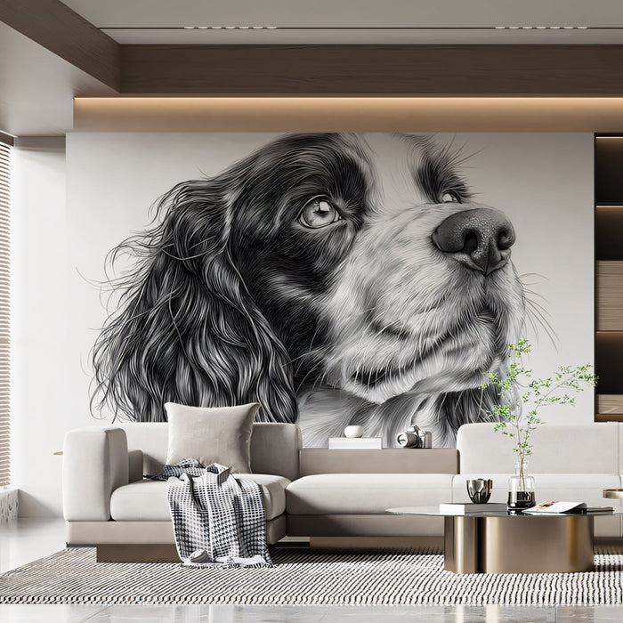 Cocker Spaniel Mural Wallpaper | Black - and - White with Flowing Fur