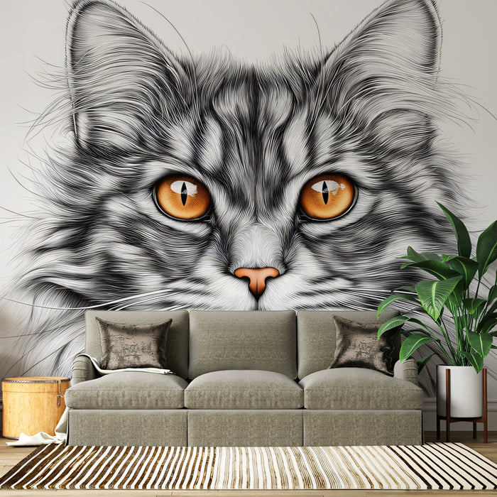 Tabby Cat Mural Wallpaper | Gray - toned with Intense Eyes