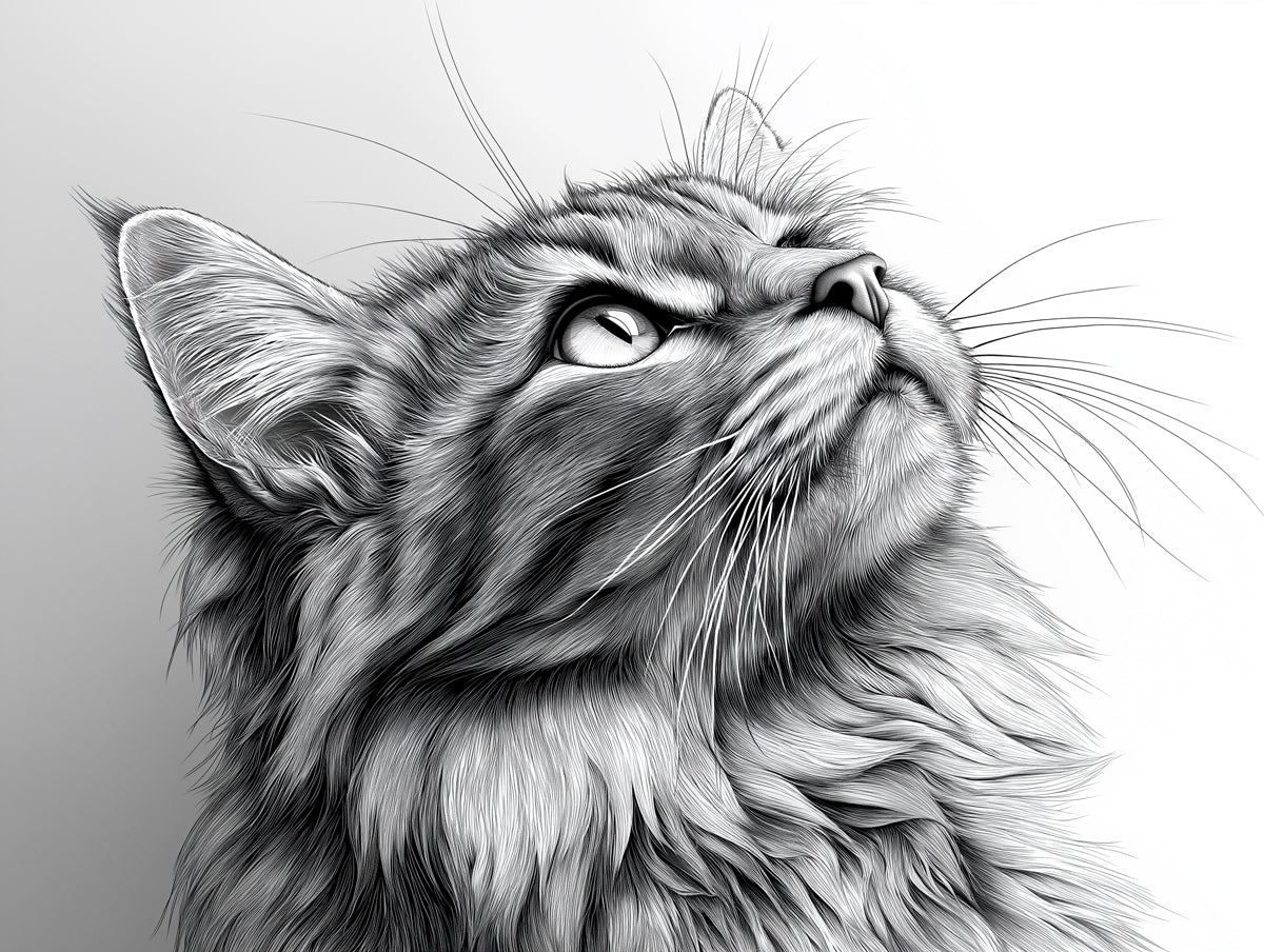 Gray Cat Mural Wallpaper | Black - and - White with Upward Gaze