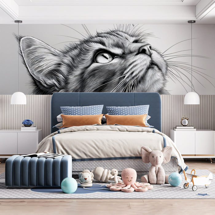 Gray Cat Mural Wallpaper | Black - and - White with Upward Gaze