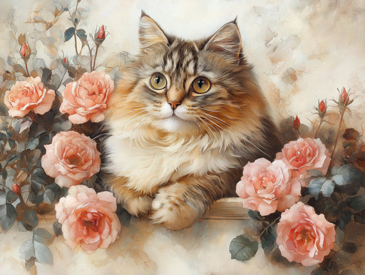Long - Haired Cat Mural Wallpaper | Soft Tones with Floral Background