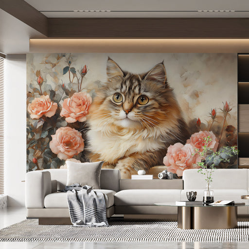 Long - Haired Cat Mural Wallpaper | Soft Tones with Floral Background