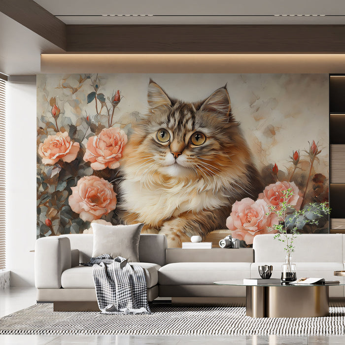 Long - Haired Cat Mural Wallpaper | Soft Tones with Floral Background