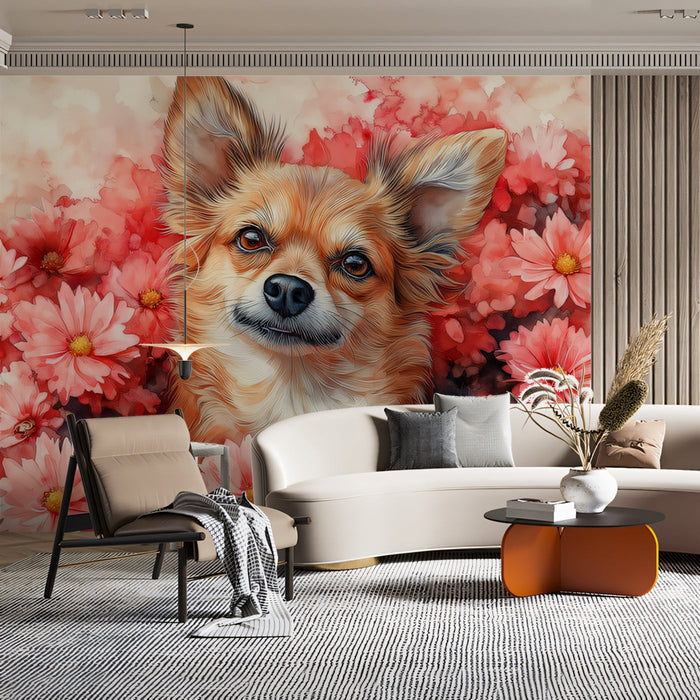 Chihuahua Mural Wallpaper | Pink Floral with Playful Vibe