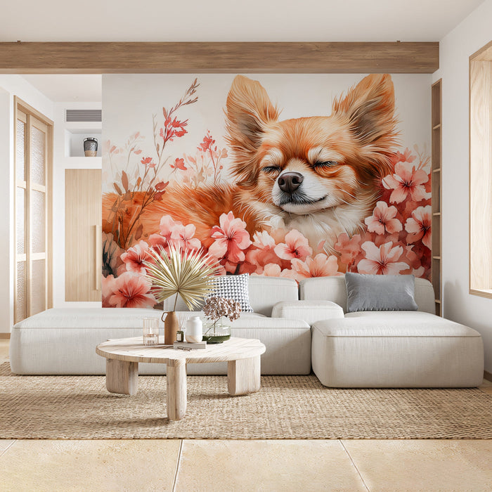Chihuahua Mural Wallpaper | Pink Floral with Playful Vibe