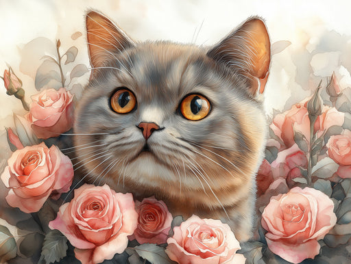 British Shorthair Cat Mural Wallpaper | Soft Floral Background with Pink Roses