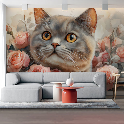 British Shorthair Cat Mural Wallpaper | Soft Floral Background with Pink Roses
