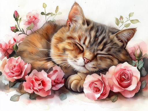 Sleeping Tabby Cat Mural Wallpaper | Blush Pink Floral Background