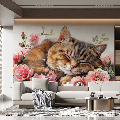 Sleeping Tabby Cat Mural Wallpaper | Blush Pink Floral Background