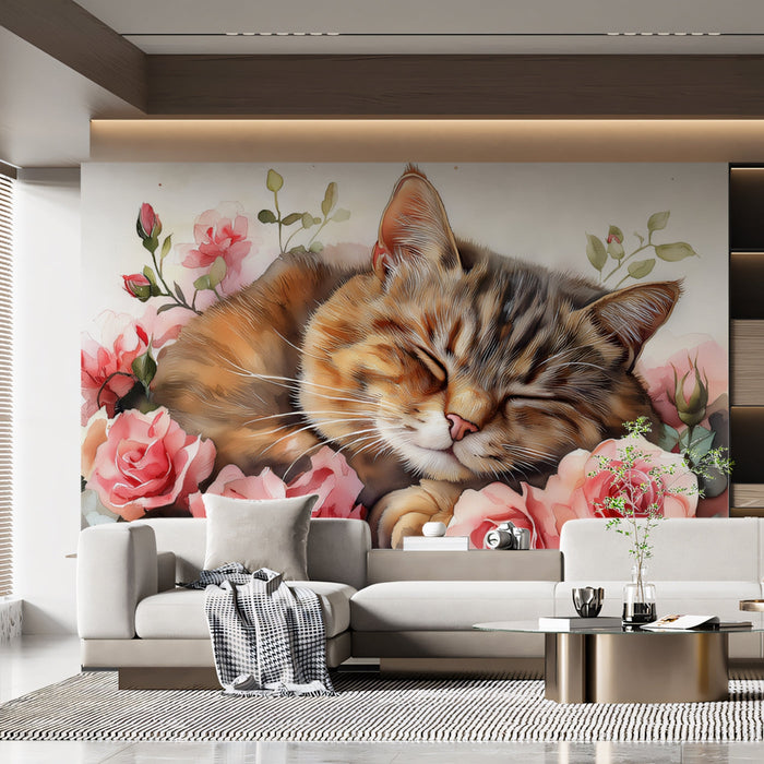 Sleeping Tabby Cat Mural Wallpaper | Blush Pink Floral Background