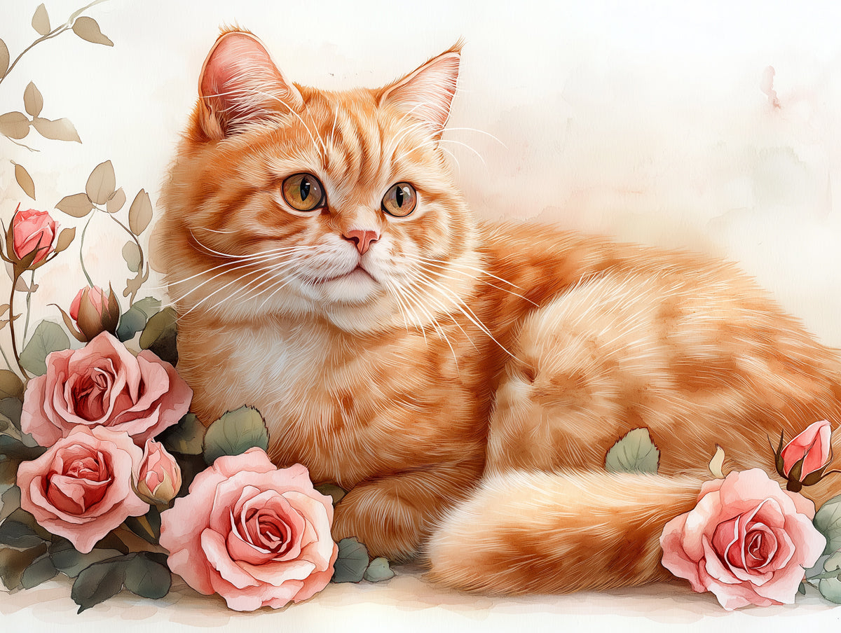 Orange Tabby Cat Mural Wallpaper | Pastel Floral and Leafy Background