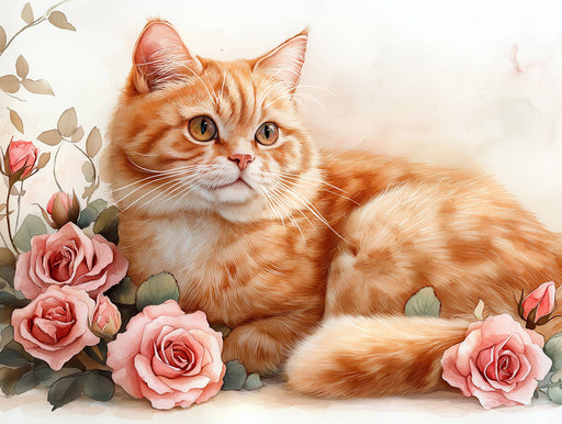Orange Tabby Cat Mural Wallpaper | Pastel Floral and Leafy Background