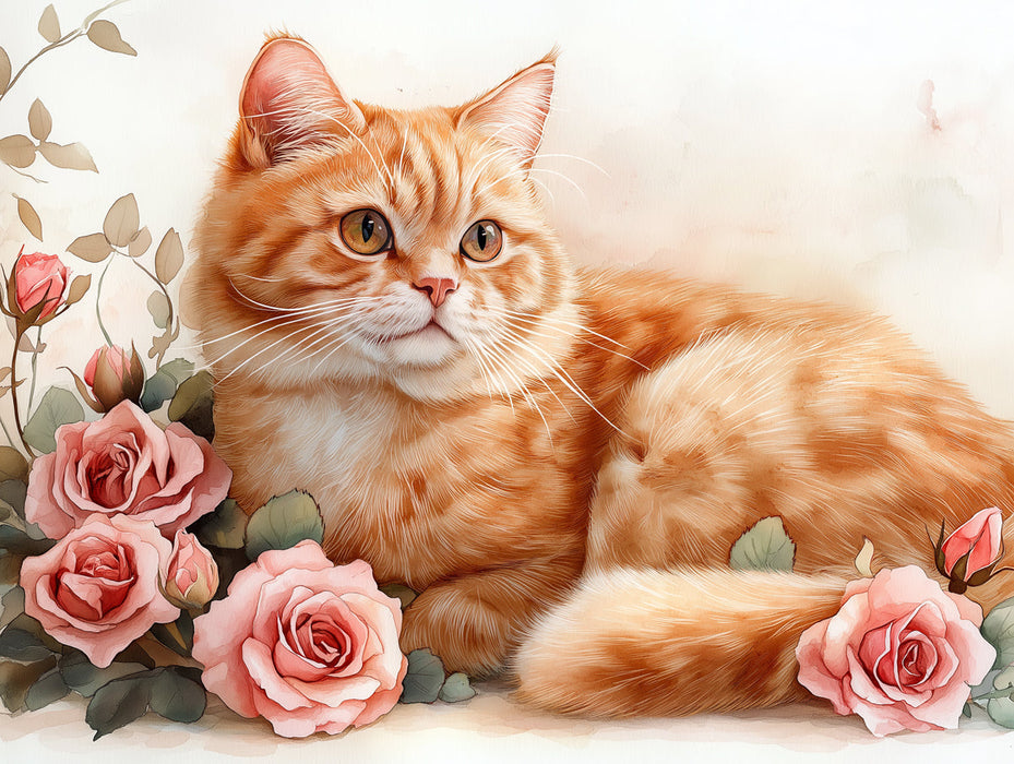 Orange Tabby Cat Mural Wallpaper | Pastel Floral and Leafy Background