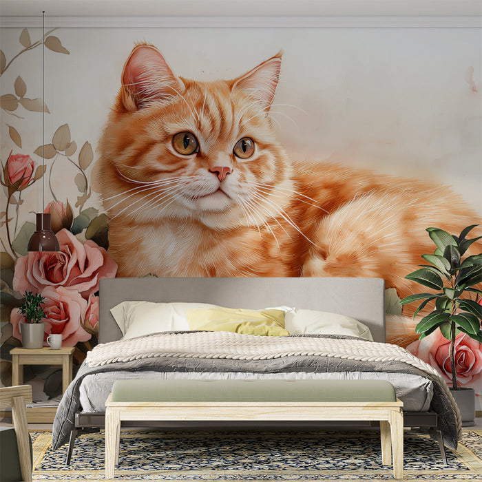 Orange Tabby Cat Mural Wallpaper | Pastel Floral and Leafy Background