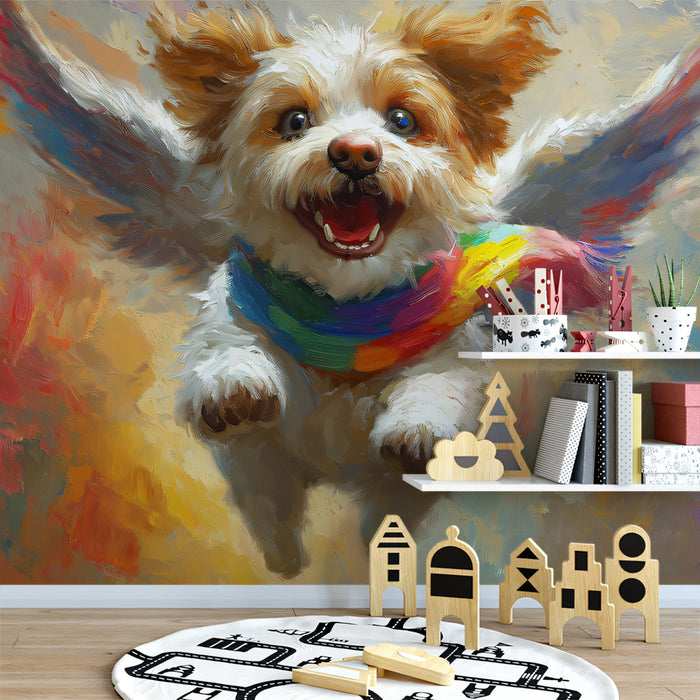 Flying Dog with Rainbow Scarf Mural Wallpaper | Colorful and Artistic Background