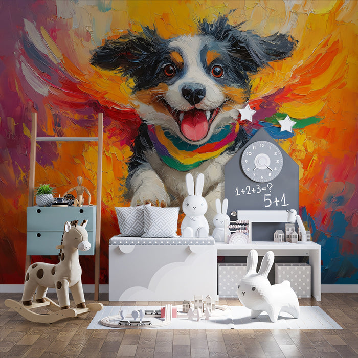 Australian Shepherd Mural Wallpaper | Colorful and Artistic with Rainbow Scarf