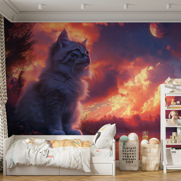 Fluffy Gray Cat Mural Wallpaper | Sunset - Hued Sky Background