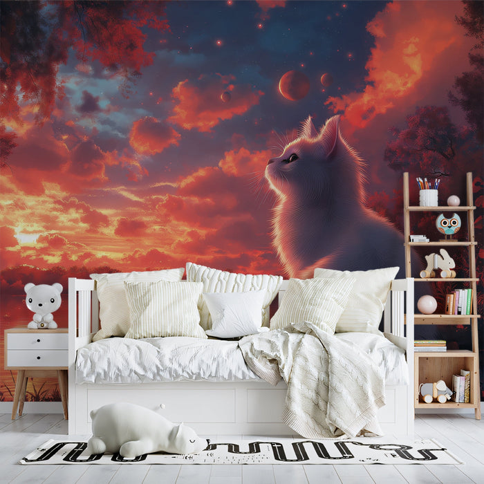 Fluffy White Cat Mural Wallpaper | Sunset - Hued Sky Background