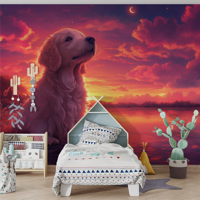 Golden Retriever Mural Wallpaper | Sunset - by - the - Lake Background
