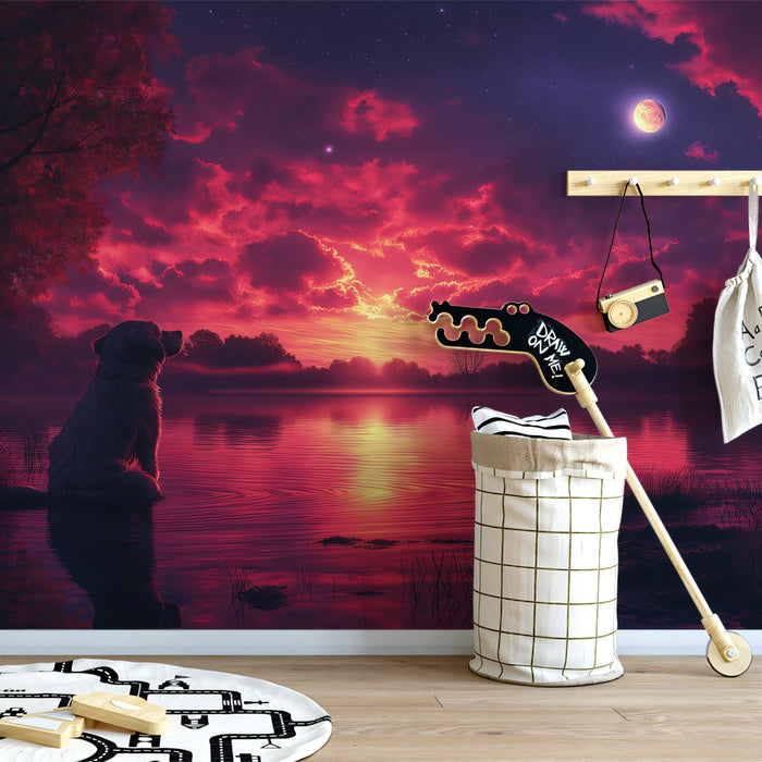 Golden Retriever Mural Wallpaper | Moonlit Lake at Sunset Background