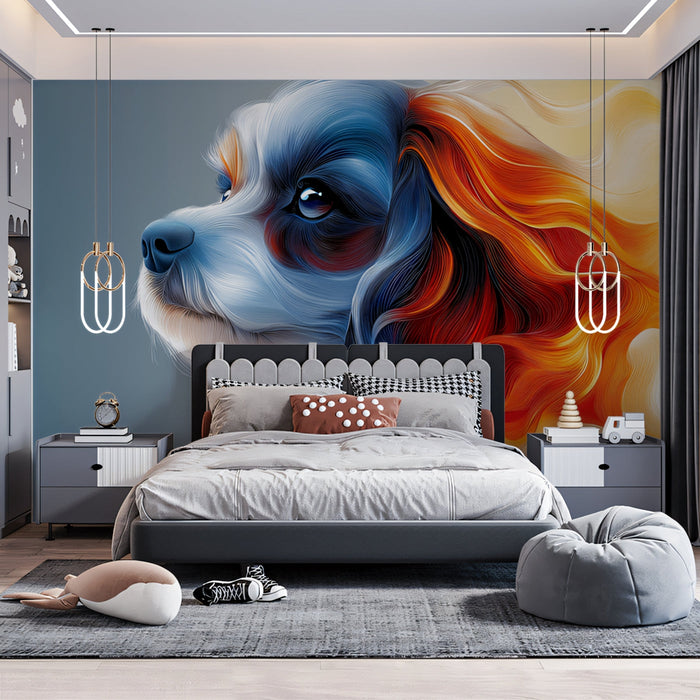 Colorful Dog Mural Wallpaper | Blue - Orange Hued with Flowing Fur