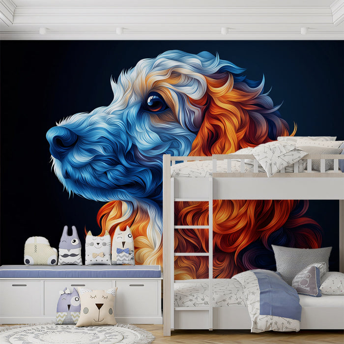 Textured Dog Mural Wallpaper | Dark Blue Background with Colorful Fur