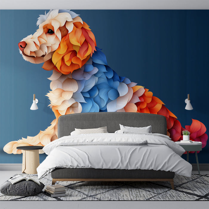 Geometric Dog Mural Wallpaper | Blue Wall with Color - blocked Fur