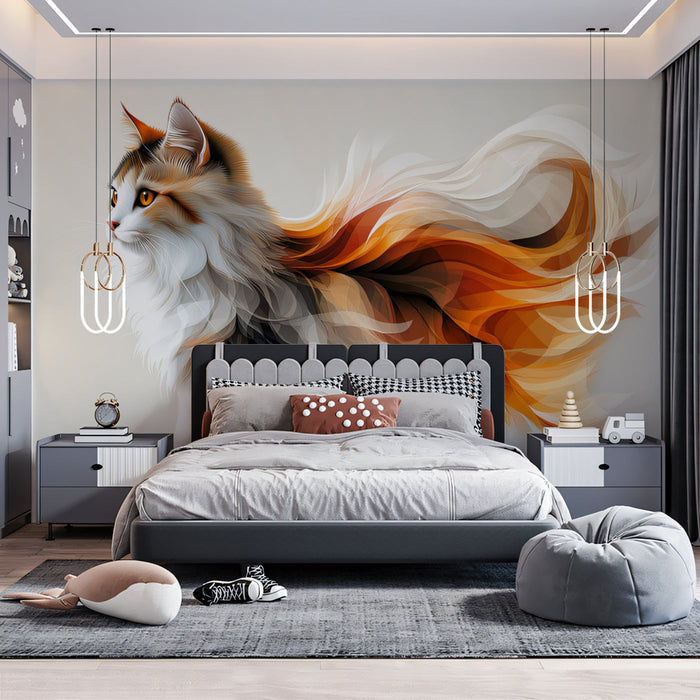 Colorful Cat Mural Wallpaper | Orange - hued with Flowing Fur